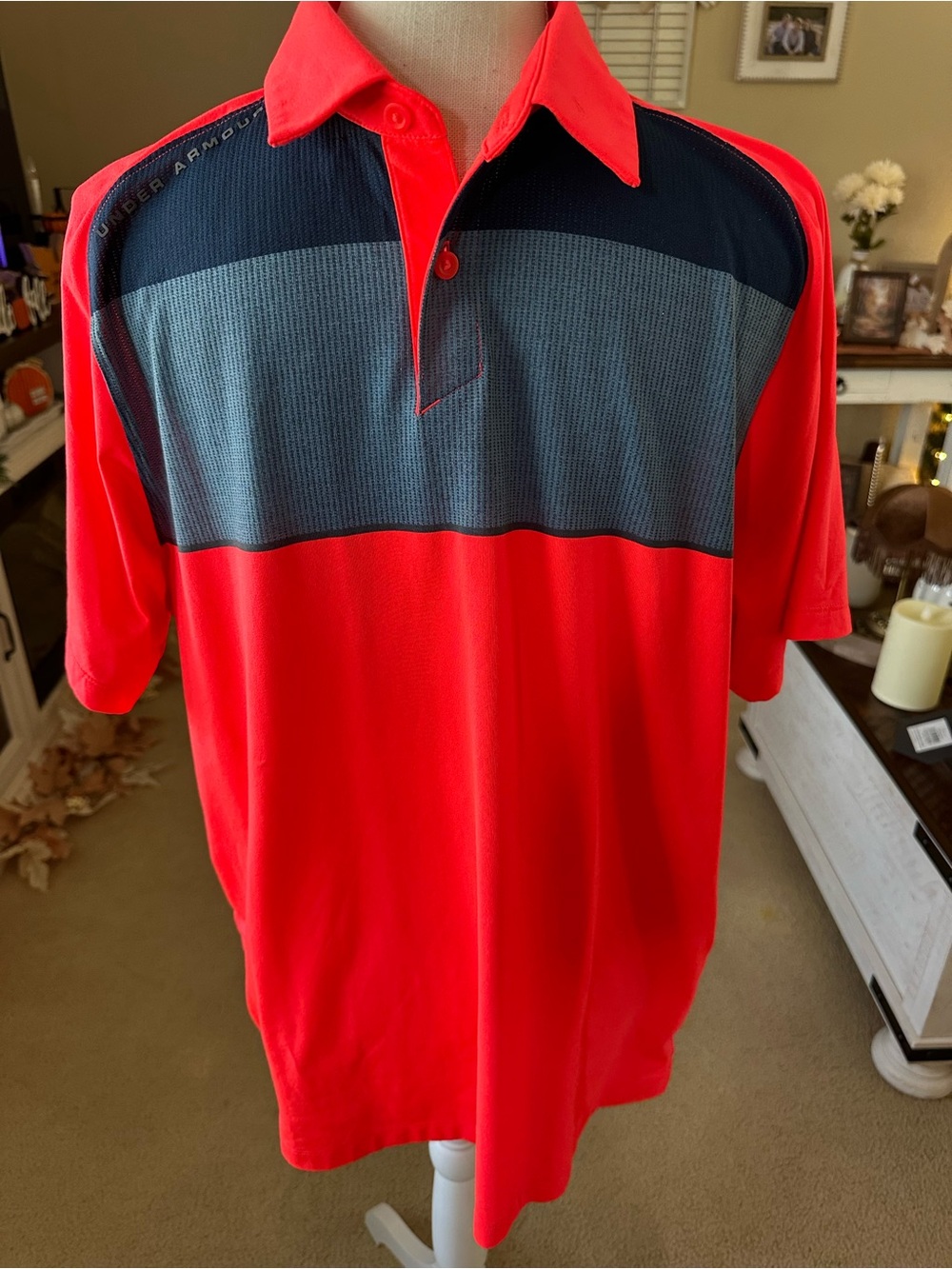 Under Armour Men's Bright Red Polo with Navy and Gray Chest Stripe. Size large.